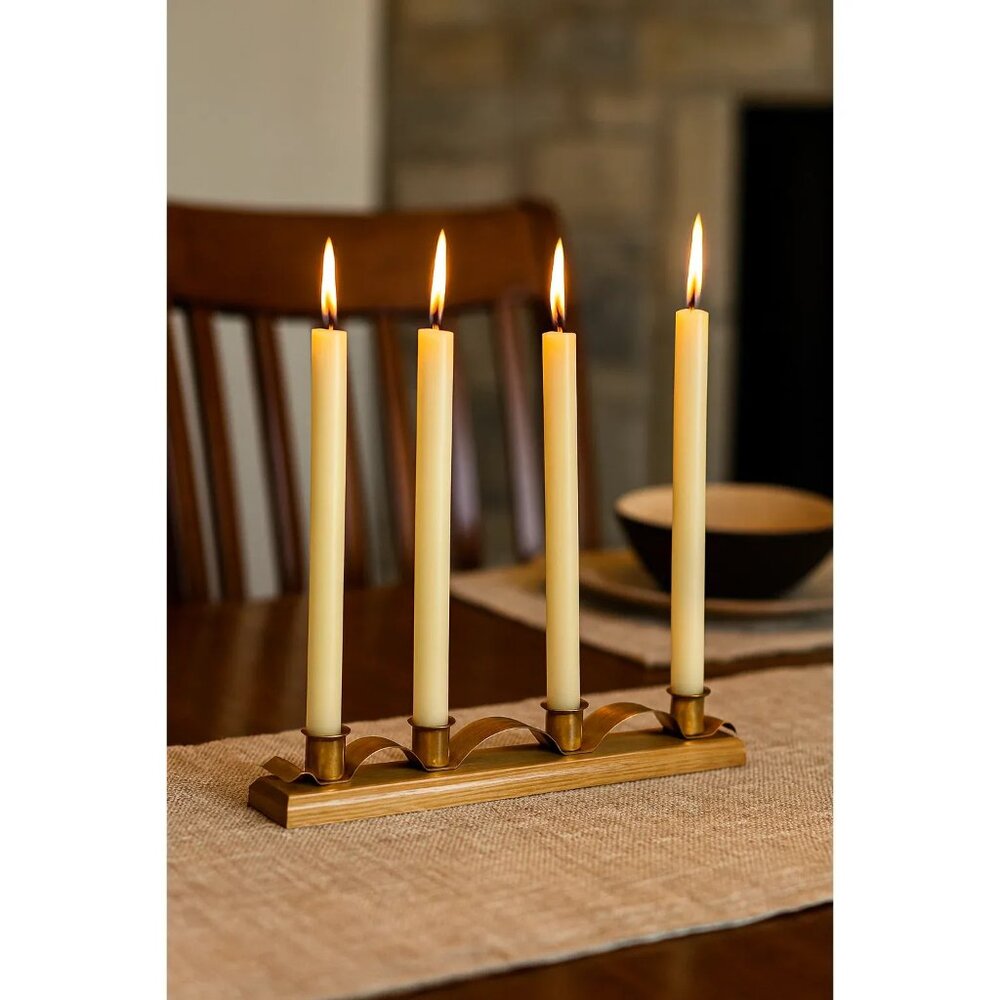 Vintage Mid Century Modern Swedish Brass Wood 4-Candle Holder Advent Centerpiece